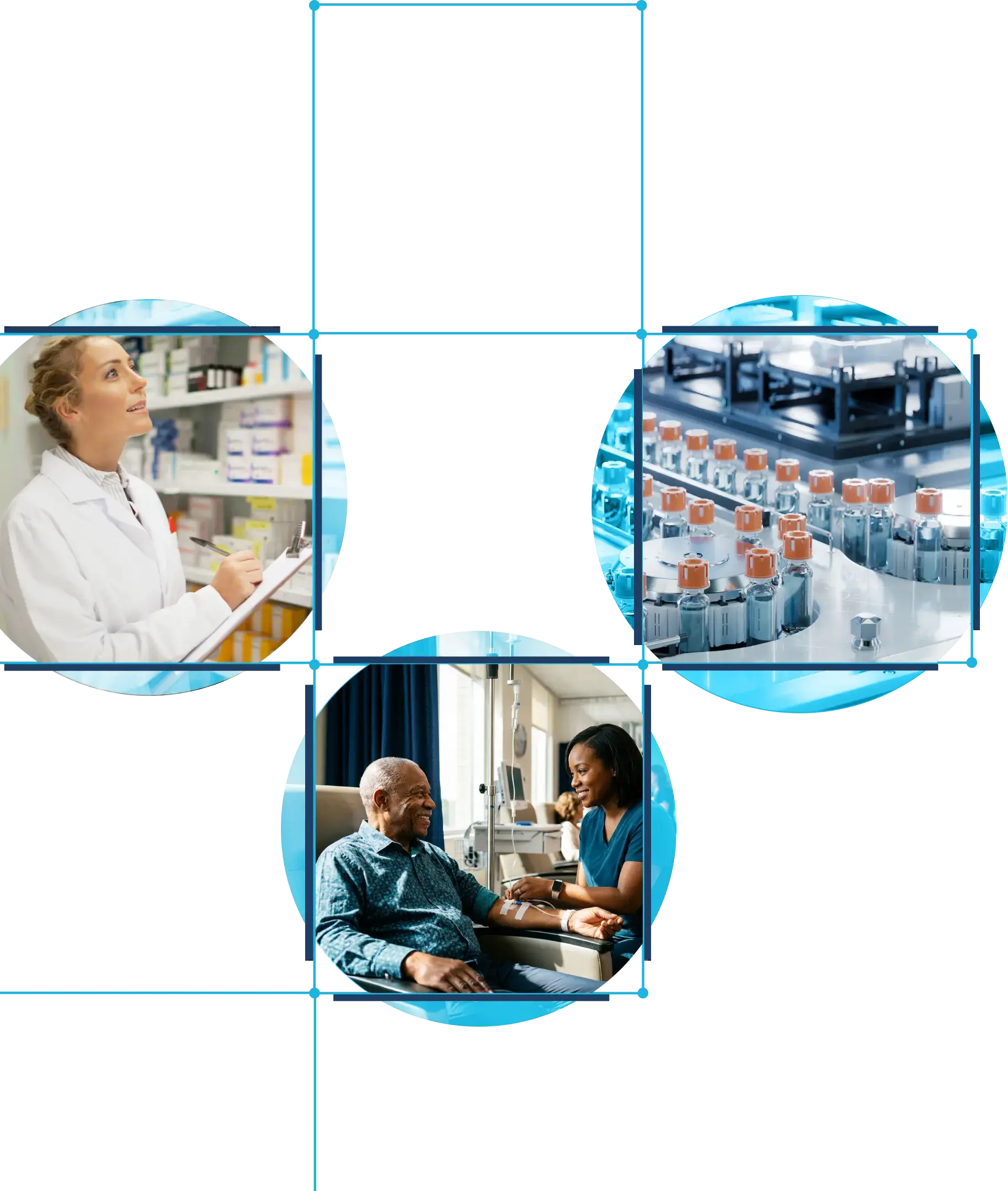 Composite image featuring a healthcare professional in a clinical setting, biosimilar medication manufacturing, and a provider speaking with a patient during treatment.