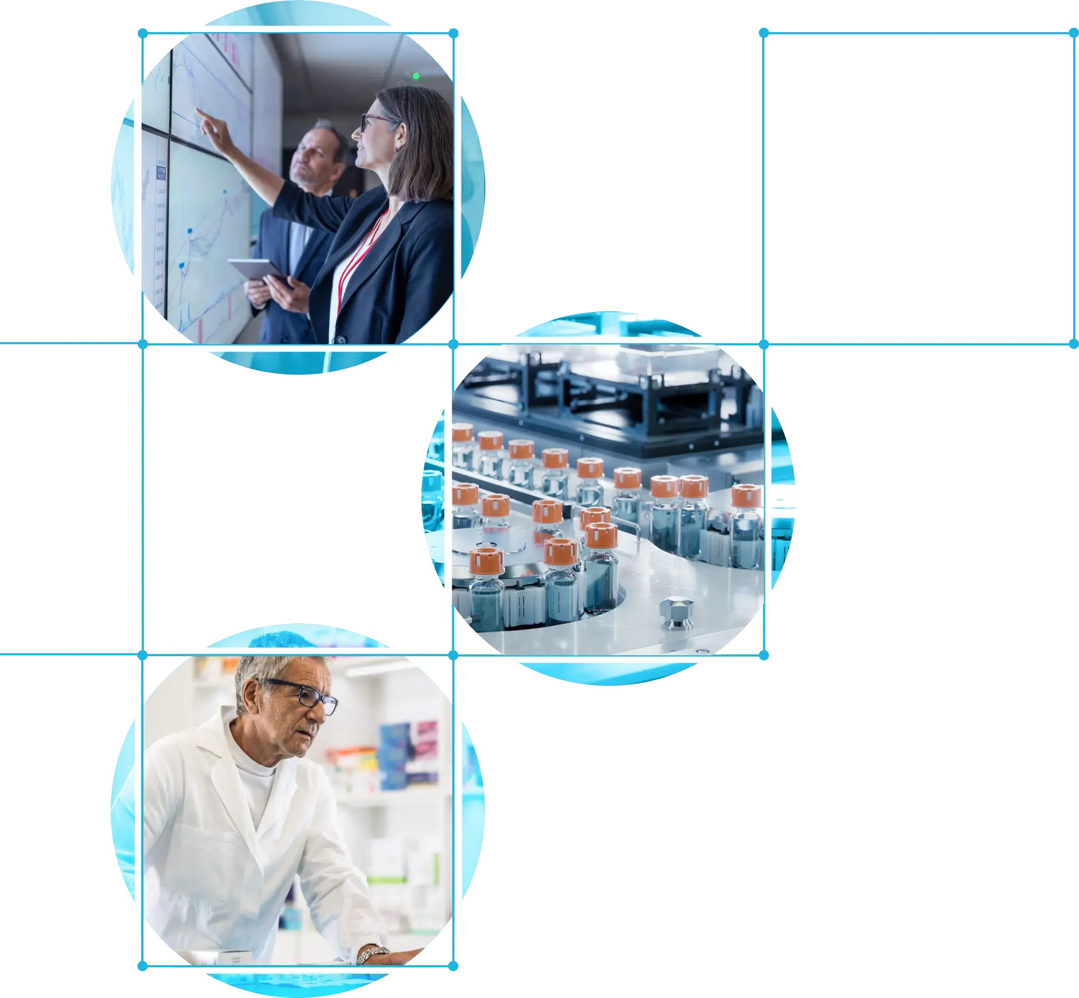 Composite image featuring business professionals reviewing data, biosimilar medication manufacturing, and a healthcare professional working in a clinical setting.