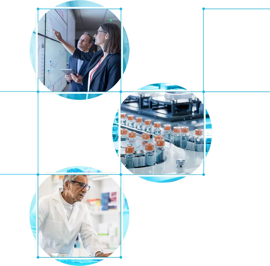 Composite image featuring business professionals reviewing data, biosimilar medication manufacturing, and a healthcare professional working in a clinical setting.